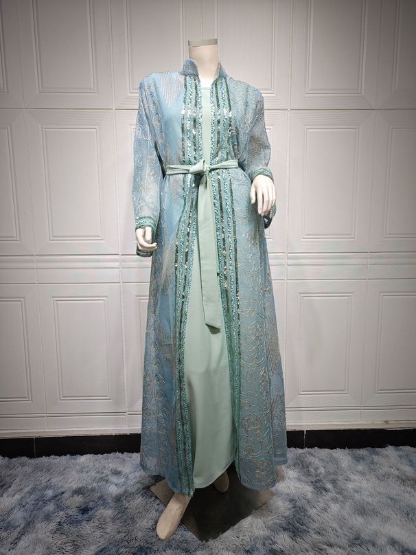 Verve AB333 Muslim Abaya Two Piece Set Including Belt Dubai Elegant Cardigan Long Dress_ecoleips.com