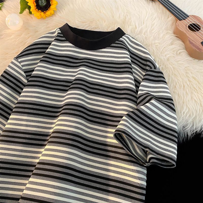 Men's Women's And Couple's American Style Summer Striped T-Shirt Short Sleeved Digital Print Loose Fit Fashionable round Neck Top_ecoleips.com