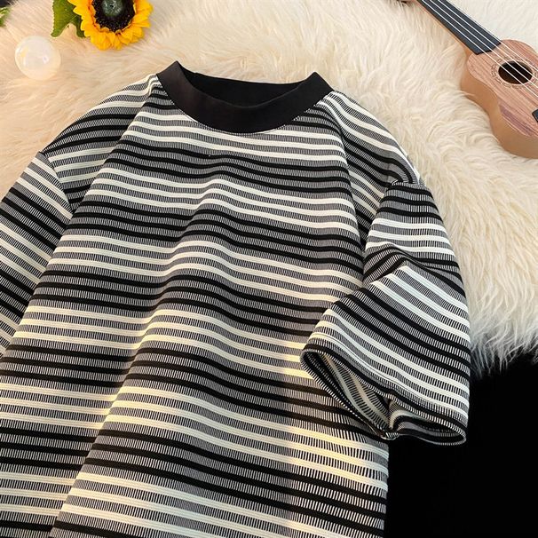 Men's Women's And Couple's American Style Summer Striped T-Shirt Short Sleeved Digital Print Loose Fit Fashionable round Neck Top_ecoleips.com