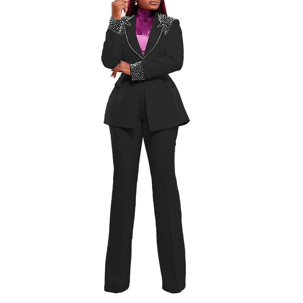 Elegant Pearl-Embellished Stretch Suit Set For Women - Slim Fit Long Sleeve Blazer & Pants - Office Wear & Formal Occasions_ecoleips.com