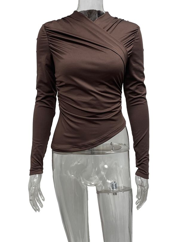 Women's Slimming Pleated Top V Neck Long Sleeve Solid Color European American Style Versatile Commuter Autumn Top_ecoleips.com