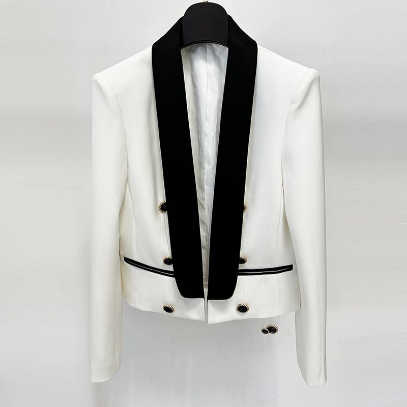 Women's Clothing Fashion Color Matching Contrast Fashionable Contrast Color Notched Lapel Short Blazer Slim Fit Office Wear & Casual Chic Jacket_ecoleips.com
