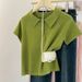 Loose Polo Collar Solid Color Short Sleeve T Shirt Women 2025 Summer High End American Style Straight Shoulder Knitted Sweater Lapel Top_ecoleips.com
