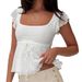 European And American Bubble Crepe Ruffle Trim Tie-Up Crop Top Spring Summer Slim Fit Short Sleeve_ecoleips.com