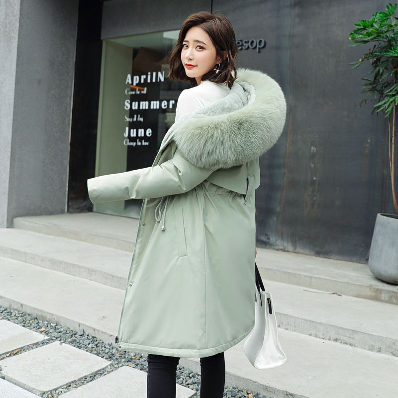 Women's Winter Parka With Fox Fur Trim - Longline Quilted Coat, Thickened Cotton Lining, Hooded Jacket (Khaki, Red, Black, Sage Green, Blue)_ecoleips.com