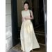 2025 Spring Casual Cotton Two-Color Waist Cinched A-Line Flared Skirt Mid Length Sleeveless Women's Dress_ecoleips.com