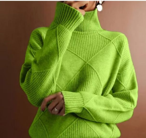 Elegant Diamond Knit High Neck Sweater - Soft & Warm Acetate Blend Pullover For Women, Cozy Winter Fashion In Multiple Colors (S-XXXL)_ecoleips.com