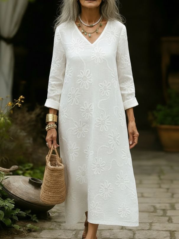 Spring/Summer New Arrival Women's Loose Casual Retro V Neck Long Sleeve Dress Embroidered Floral European American Style_ecoleips.com
