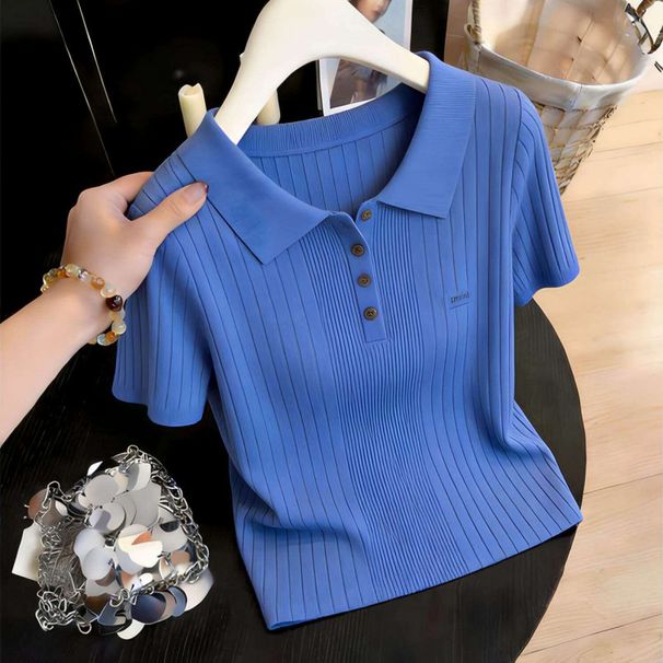 Blue Collared Knit Top For Women – Slim Fit Short Sleeve Shirt, Chic & Youthful Casual Wear_ecoleips.com
