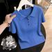 Blue Collared Knit Top For Women – Slim Fit Short Sleeve Shirt, Chic & Youthful Casual Wear_ecoleips.com