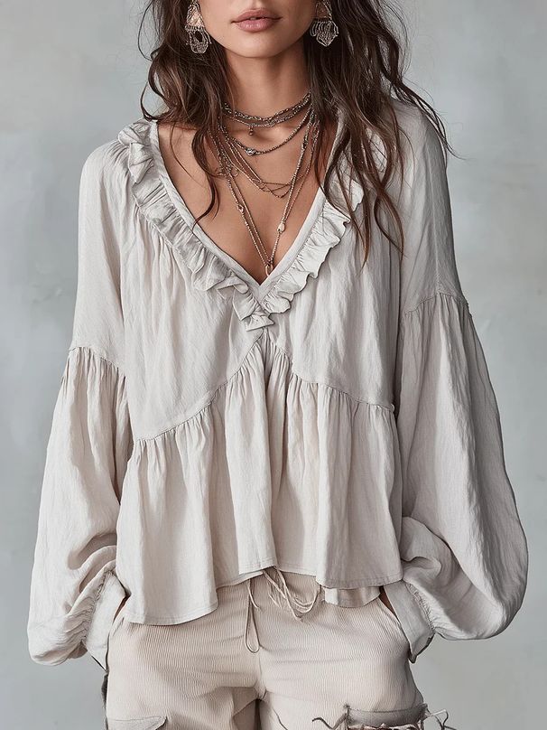 2026 Spring/Summer Cross-Border European And American Women's Fashion Casual Sweet Ruffled Puff Sleeve Pleated Shirt Top_ecoleips.com