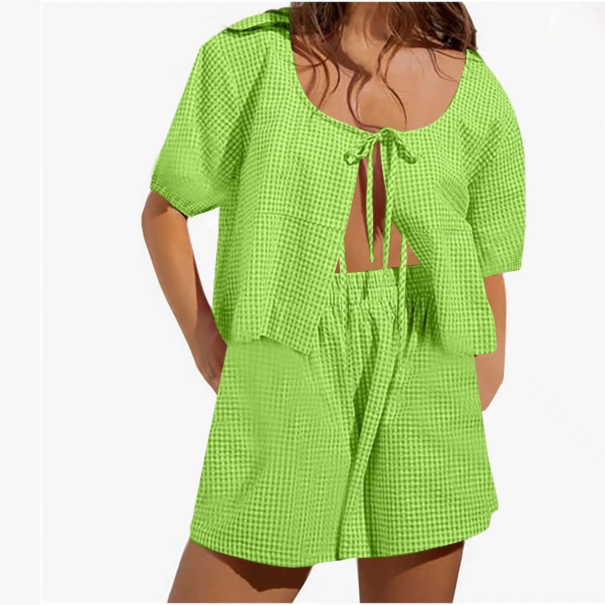 Women's Clothing Summer Lace Up Plaid Top Suit Casual Loose High Waist Wide Leg Pants Women's Short Sleeve_ecoleips.com