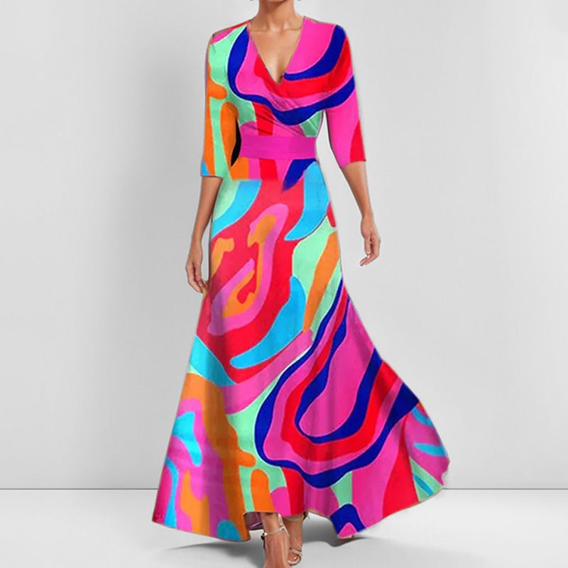 Women's Clothing Fashion Elegant Temperament Neck Printed Lace Up Big Skirt Dress_ecoleips.com