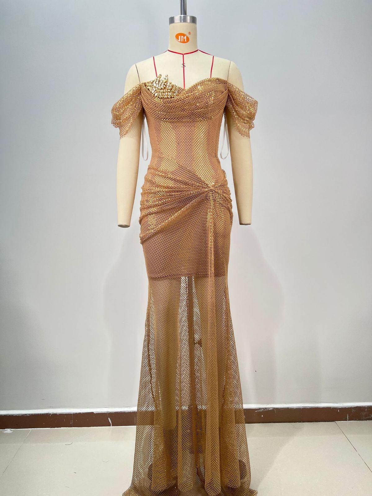 Women's Clothing Fashion Trend Top One Shoulder Sexy V Neck Nail Diamond Pleated Gold Mesh Sequined Evening Dress_ecoleips.com