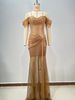 Women's Clothing Fashion Trend Top One Shoulder Sexy V Neck Nail Diamond Pleated Gold Mesh Sequined Evening Dress_ecoleips.com