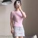 Slim Fit Ribbed Cotton Stretch Short Sleeve T-Shirt For Women, U-Neck Everyday Basic Tee, Soft Comfortable Casual Top_ecoleips.com