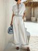 Summer Minimalist Resort Style Short Sleeve Top And Black Trimmed Wide Leg Pants Set Products_ecoleips.com