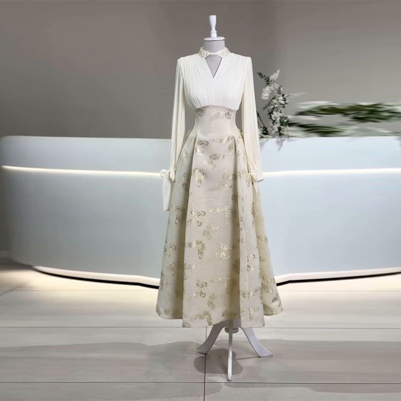 Women's Clothing New Women's Clothing V Neck Waist Slim Shirt Long Sleeve Printed Long Skirt_ecoleips.com