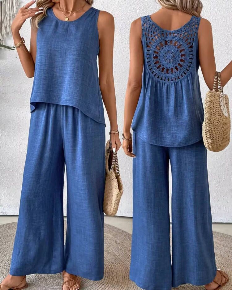 Women's Clothing New Solid Color Back Hollow Lace Wide Leg Pants Casual Fashion Suit_ecoleips.com
