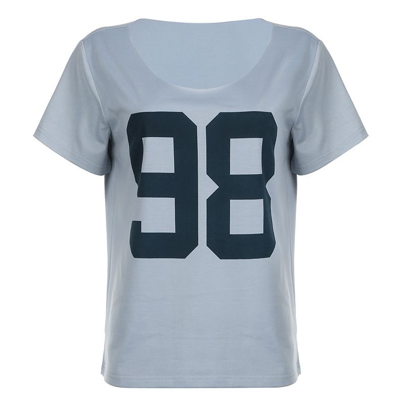 Women's European American Style Digital Print T-Shirt Loose Fit off Shoulder Basic Pullover round Neck Short Sleeve Casual Summer Top_ecoleips.com