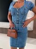 2026 Fashion U-neck Short Sleeve Denim Dress Women's Casual Hight Street Solid Mini Dress Elegant Single-button Slim Party Dress_ecoleips.com