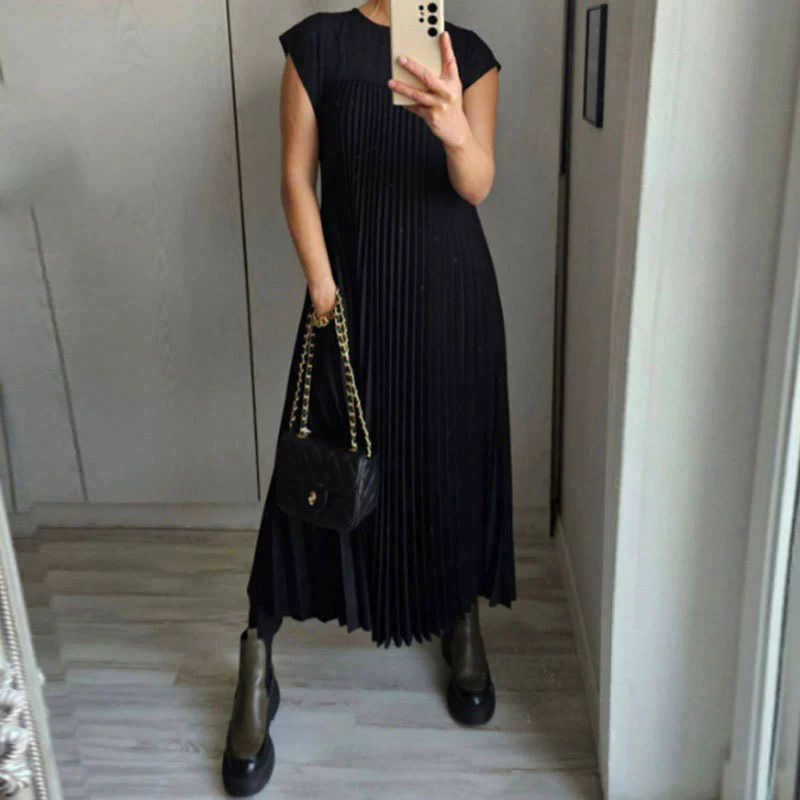 Women's Elegant Round Neck Sleeveless Pleated Maxi Dress – Loose Fit Casual Spring Gown_ecoleips.com