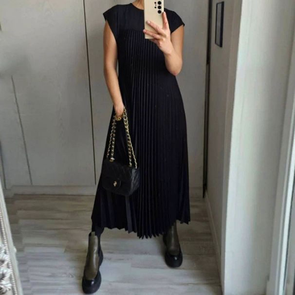 Women's Elegant Round Neck Sleeveless Pleated Maxi Dress – Loose Fit Casual Spring Gown_ecoleips.com