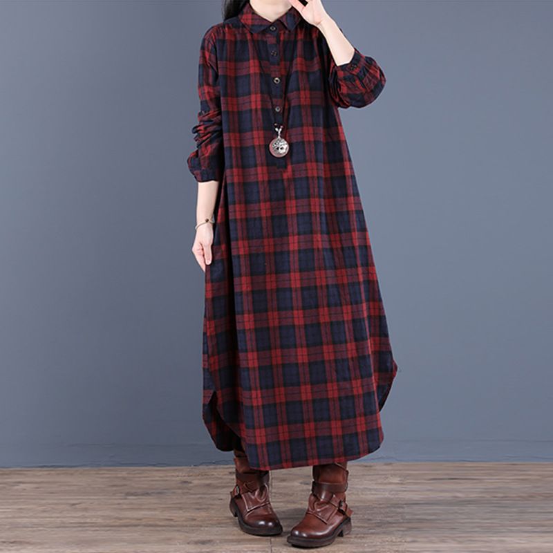 Women's Korean Style Patchwork Plaid Shirt Dress Loose Fitting Collar Long Sleeved Mid Length Cotton Linen Spring New_ecoleips.com