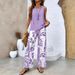 Women's Clothing Casual Square Neck Pullover Vest Plus Long Pants Digital Printing Two Pieces_ecoleips.com