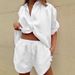 Women's Clothing Summer New Solid Color Single Breasted Short Sleeved Shirt Two Piece Wide Leg Pants Lace Up Shorts_ecoleips.com