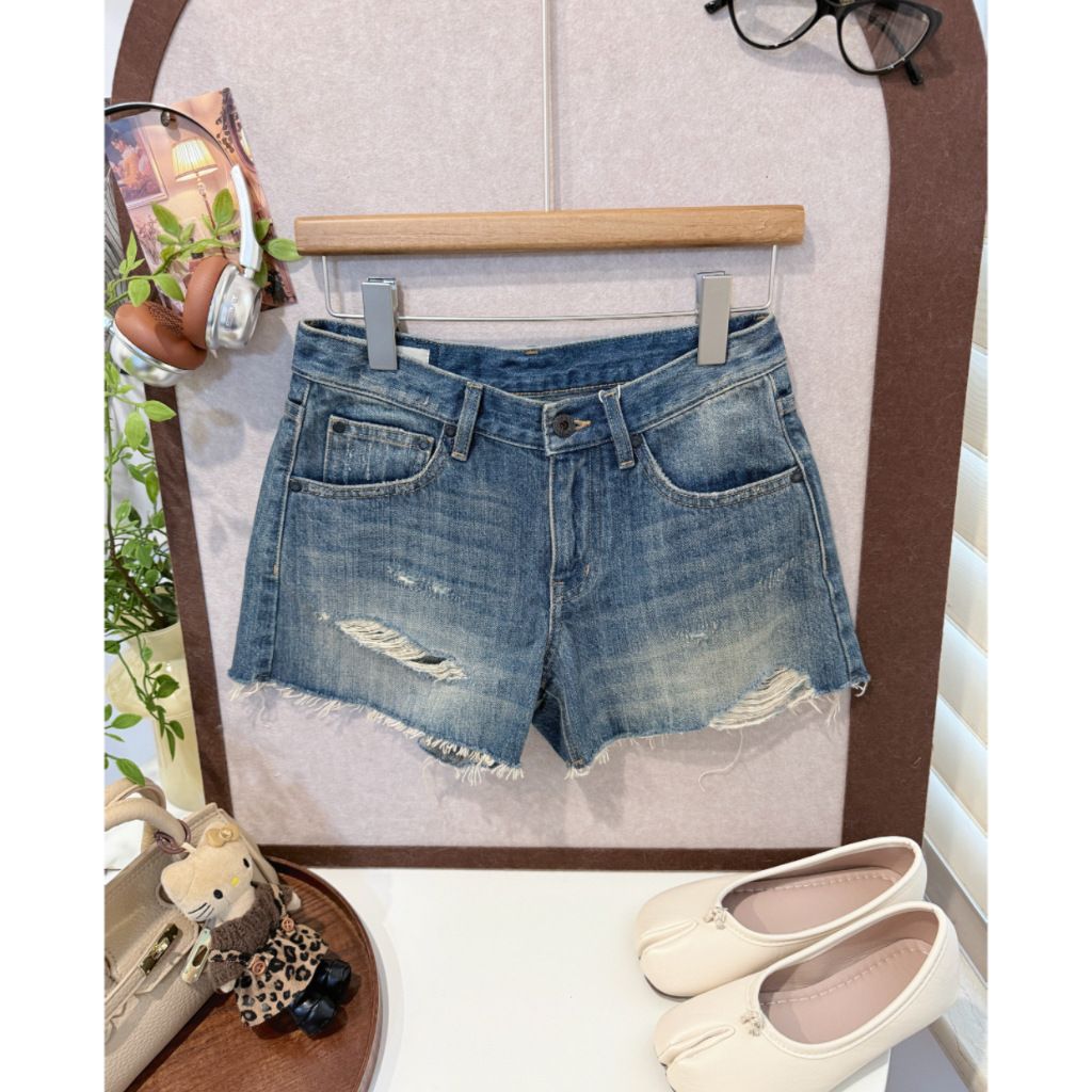 In Stock/for Homebodies, S*r All-cotton Mid-low Waist Thin Denim Shorts With Frayed Hem And Bamboo Joint Detailing_ecoleips.com