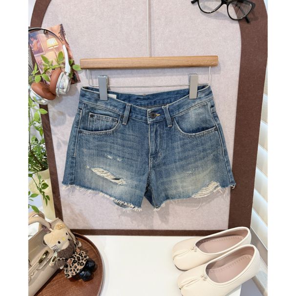 In Stock/for Homebodies, S*r All-cotton Mid-low Waist Thin Denim Shorts With Frayed Hem And Bamboo Joint Detailing_ecoleips.com