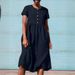 Summer Round-Neck Short-Sleeved Dress With Patchwork Design, Single Row Of Buttons, And Made From Pure Cotton-Linen Fabr_ecoleips.com
