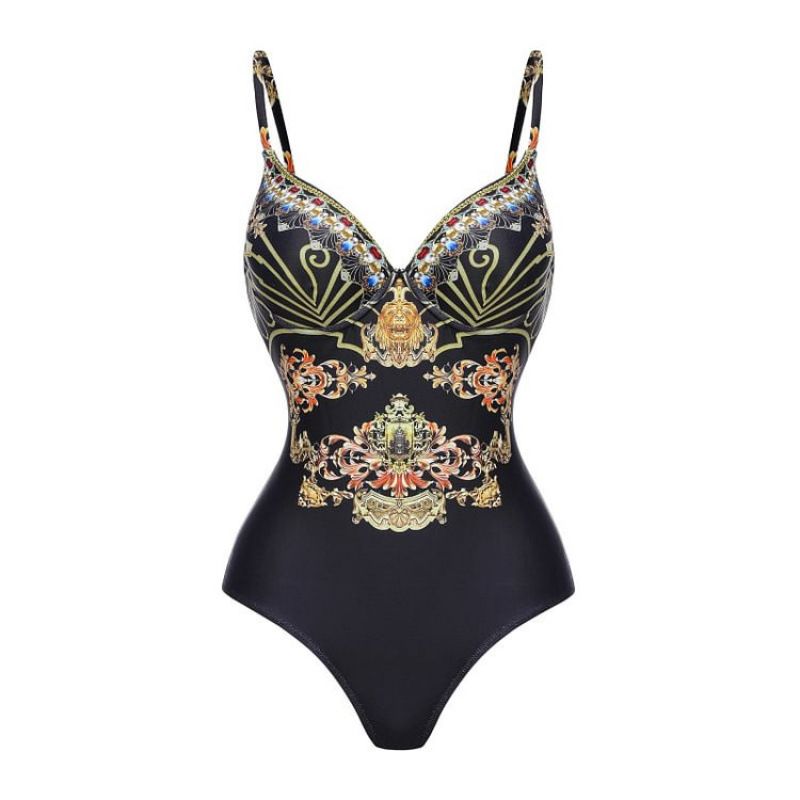 Women's Black Gold Printed Ruffled One Piece Swimsuit New Popular Swimwear_ecoleips.com