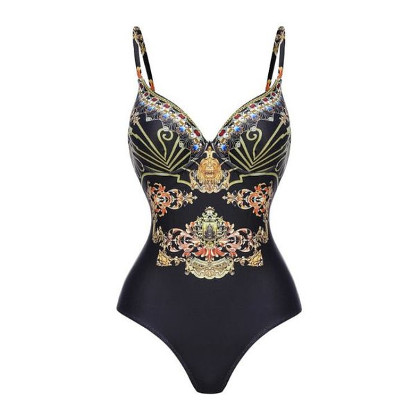 Women's Black Gold Printed Ruffled One Piece Swimsuit New Popular Swimwear_ecoleips.com