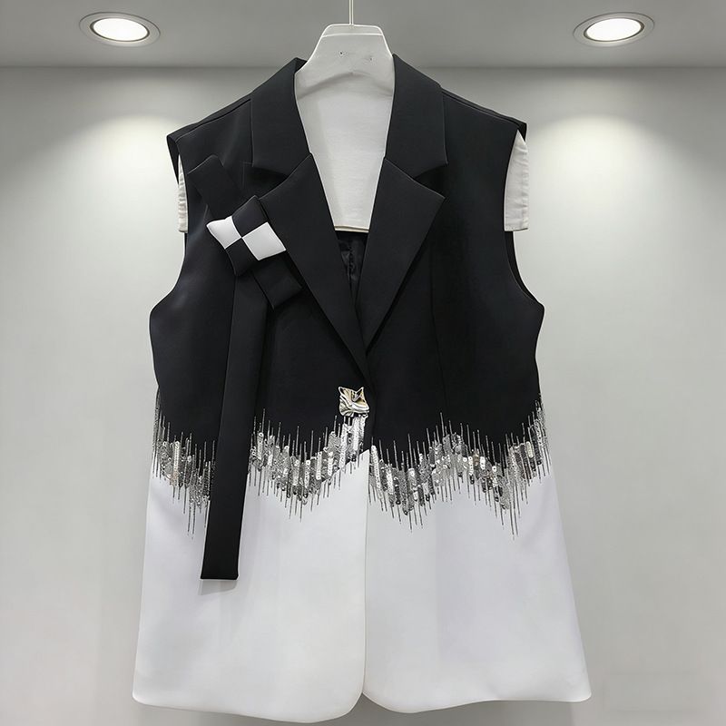 Statement Blazer Vest With Sequins & Fringe, Color-Block Office Wear For Women, Trendy A-Line Spring Summer Jacket_ecoleips.com