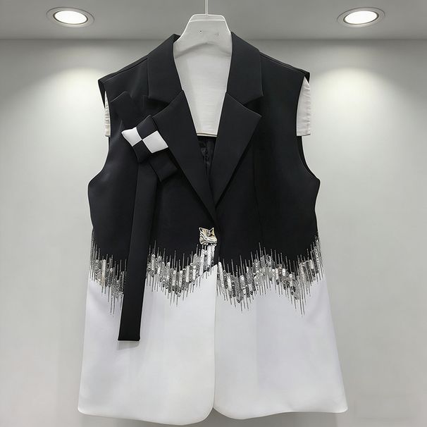 Statement Blazer Vest With Sequins & Fringe, Color-Block Office Wear For Women, Trendy A-Line Spring Summer Jacket_ecoleips.com