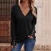 Spring Solid-Color V-Neck Loose Long-Sleeved T-Shirt Buttons For Women's Clothing_ecoleips.com