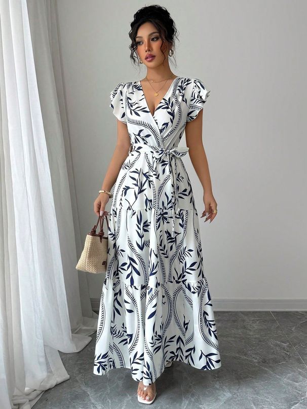 A-line With Floral Print, Beach Hem, Charming Holiday Look, 2025 Party Short-sleeve Fashion, Ruffled Elegant Women's_ecoleips.com