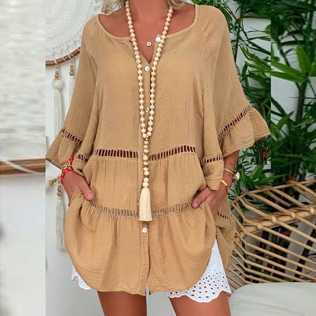 Women's Three Quarter Sleeve Cotton Linen Blend V Neck Loose Fit Button Detail Hollow Top Large Size Dress_ecoleips.com