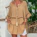 Women's Three Quarter Sleeve Cotton Linen Blend V Neck Loose Fit Button Detail Hollow Top Large Size Dress_ecoleips.com