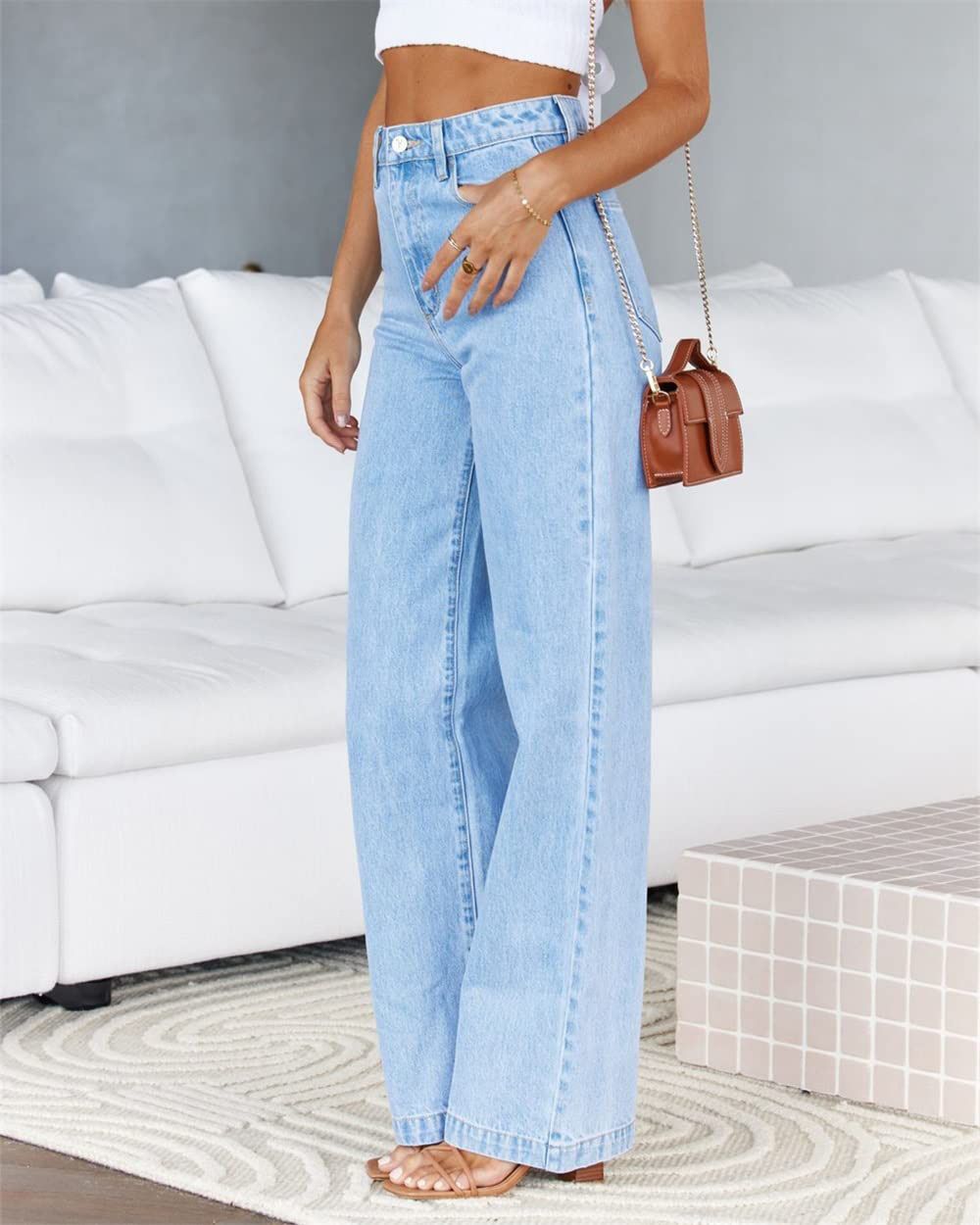 Women's Flared Stretch Denim Pants - High Waist Wide Leg, Vintage Washed Blue, Office-to-Weekend Versatility_ecoleips.com