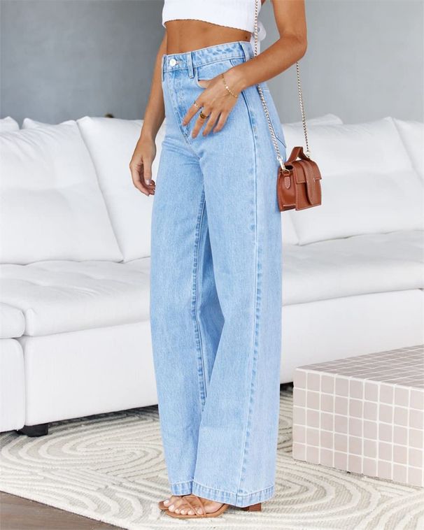 Women's Flared Stretch Denim Pants - High Waist Wide Leg, Vintage Washed Blue, Office-to-Weekend Versatility_ecoleips.com