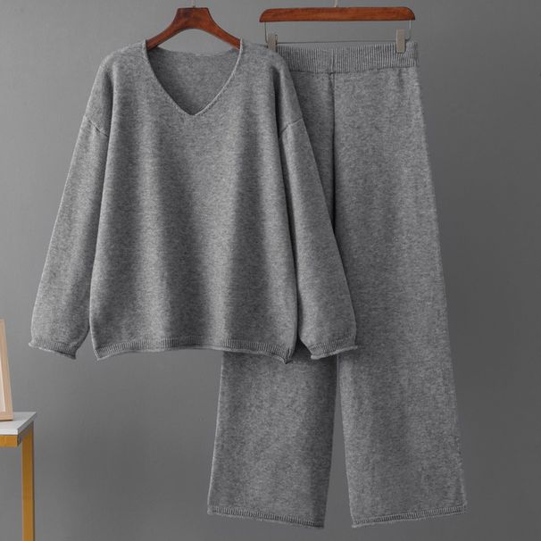 European American Style Women's Solid Color V Neck Fashion Set High Waisted Loose Casual Sweater Two Piece Autumn Winter Outfit_ecoleips.com
