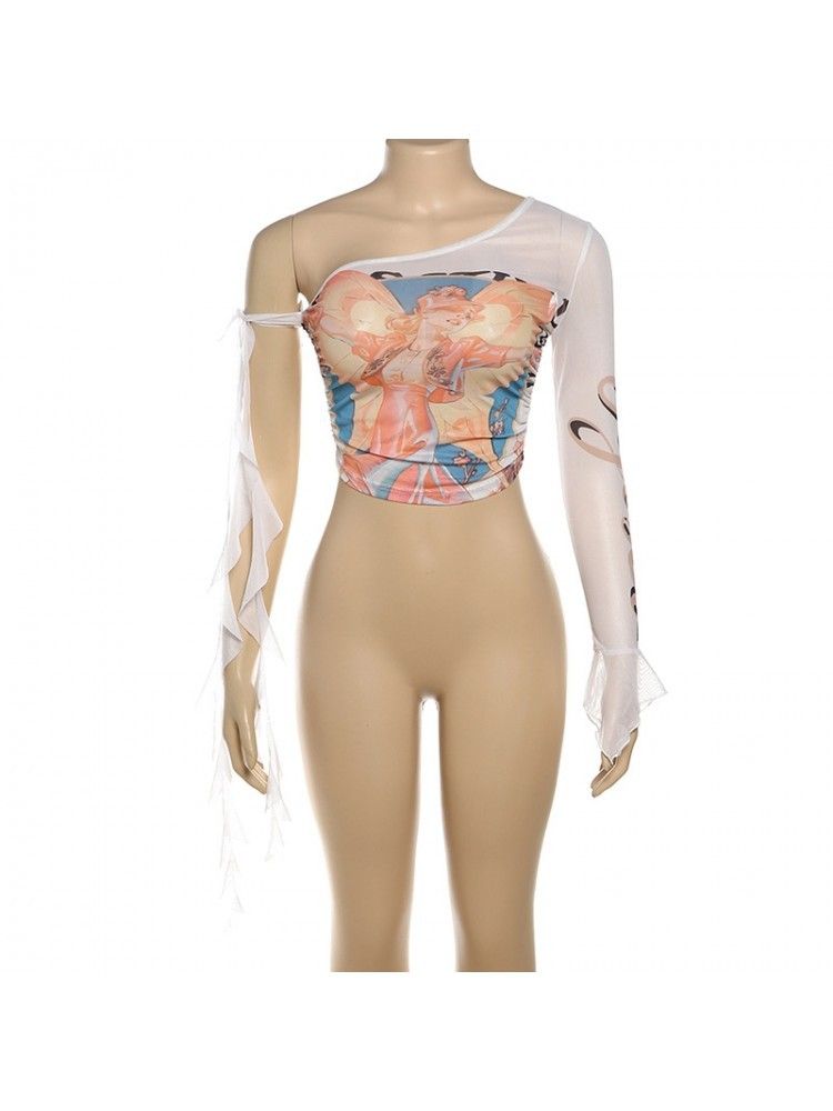 High Waist Cropped Slim Fit Top For Women Summer Digital Print Off Shoulder Single Sleeve Streetwear_ecoleips.com