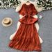 Elegant Pleated Dress for Women Belted Waist A-Line Skirt Orange Color Summer Style High End Feel Full Skirt_ecoleips.com