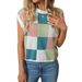 Summer Cap Sleeve Knitted Sweater For Women Color Block Round Neck Short Length Checkerboard Pattern Baring Navel Design_ecoleips.com