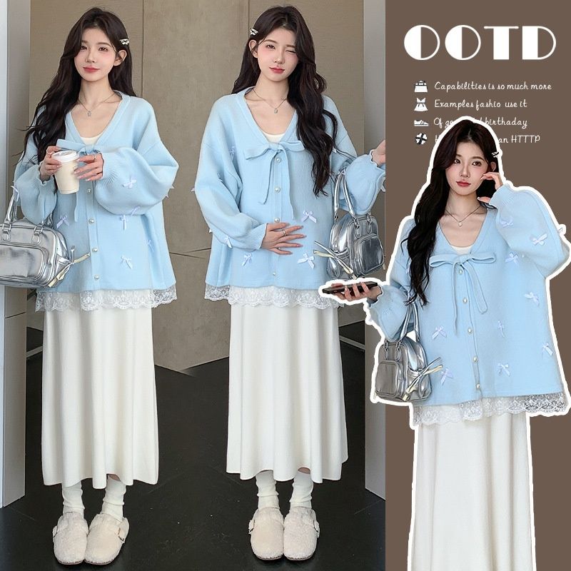 Winter New Korean Fashion Thickened Bow Cardigan 2-Piece Set Maternity Dress_ecoleips.com