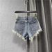 European And American Style Slim Fit Ripped Pocket Tassel Frayed Vintage Color Denim Shorts Sexy Low Waist A-Line Hot_ecoleips.com