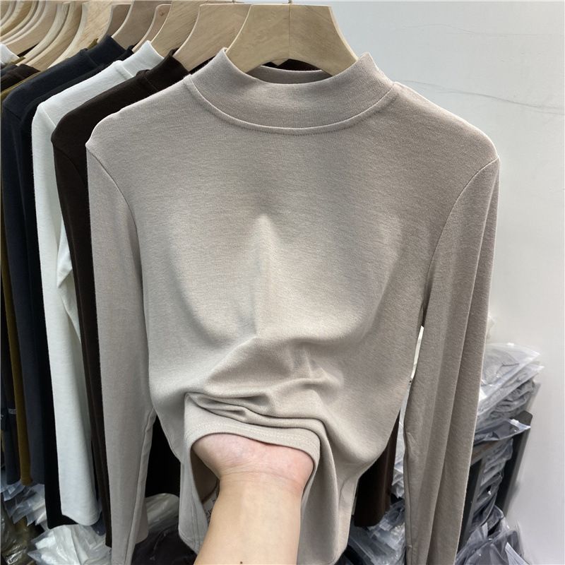 2025 Woolen Flannel Stand Up Collar Base Shirt, Women's Long Sleeved Cotton T-Shirt, 2025 Autumn And Winter New Semi High_ecoleips.com